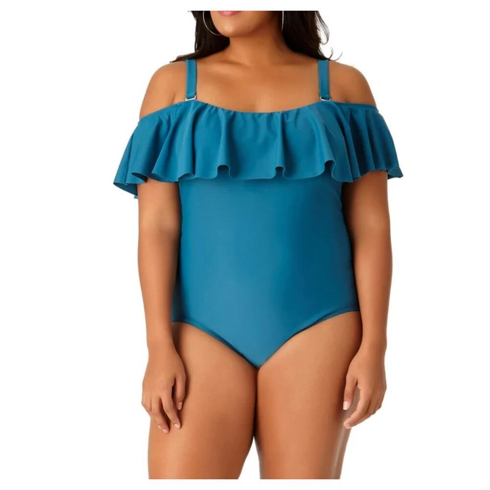 Time & Tru Blue Ruffled Off Shoulder Pull On Padded Full Coverage Swimsuit Sz 3X